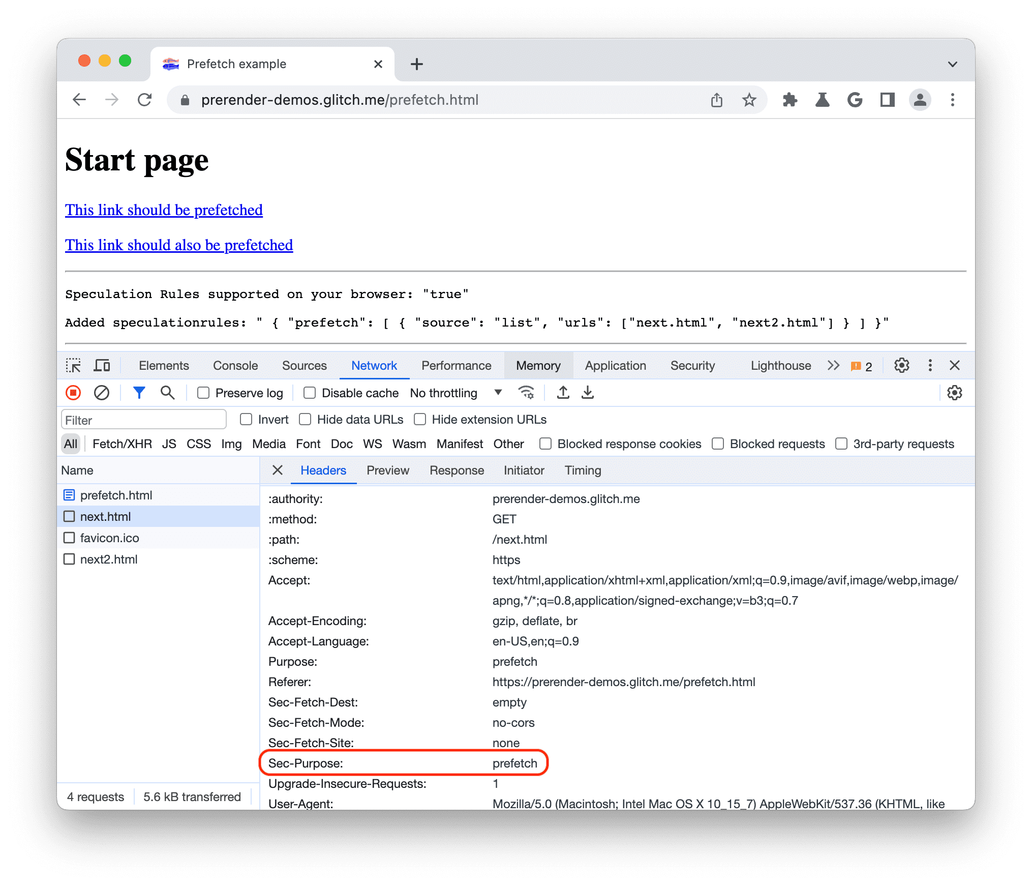 Chrome DevTools में, Sec-Purpose को 'प्रीफ़ेच करें' पर सेट करके हेडर को प्रीफ़ेच करना