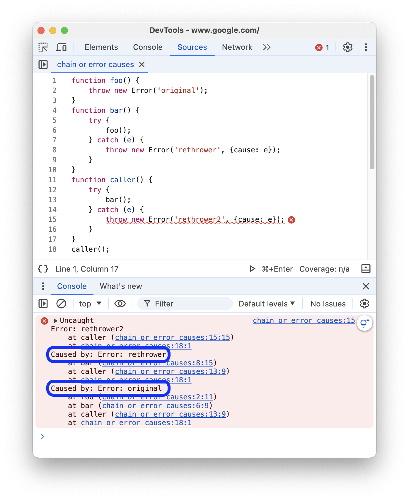 Rantai penyebab error diawali dengan &#39;Disebabkan oleh:&#39; di pelacakan tumpukan.