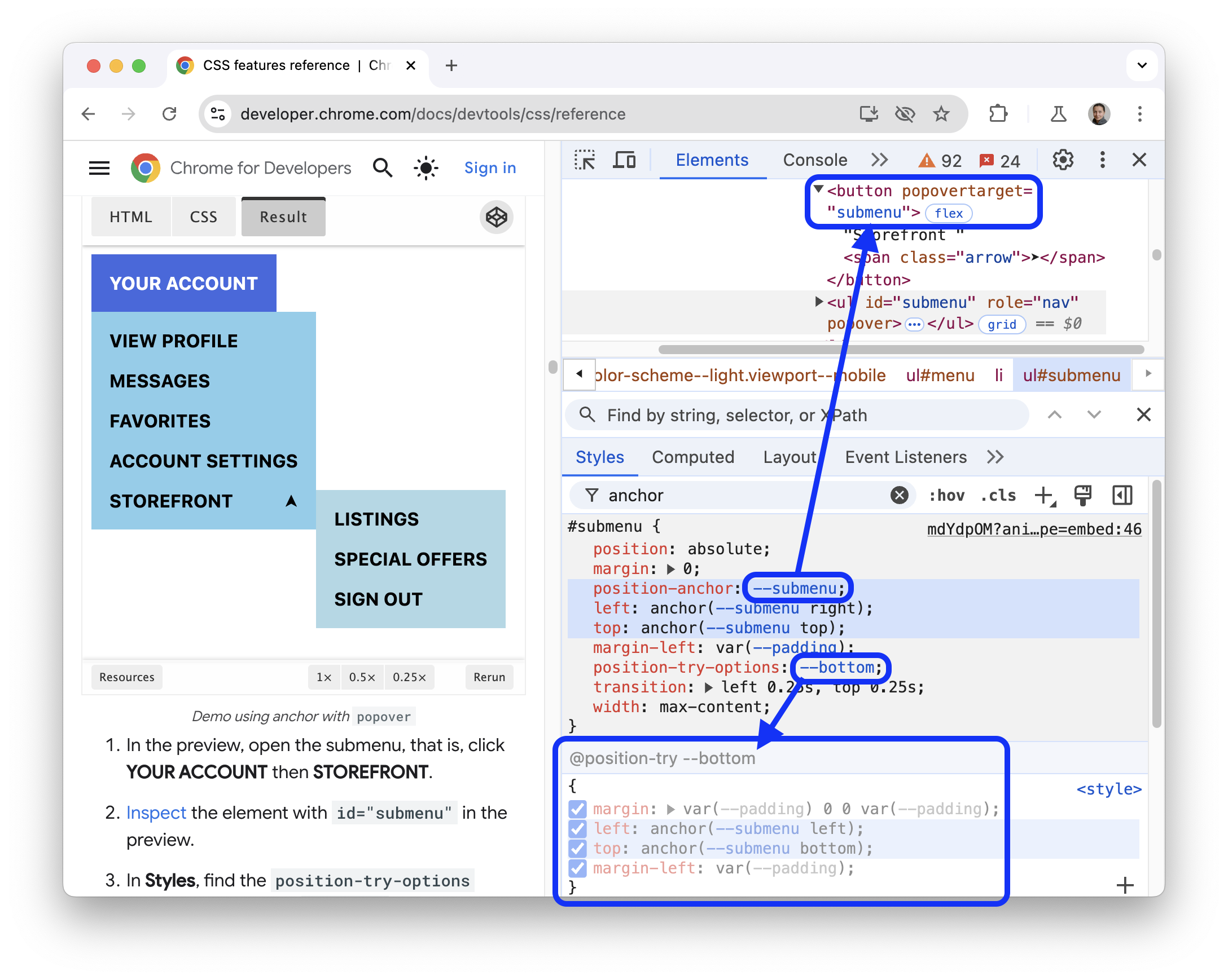 Die Property „position-try-options“, der Abschnitt „@position-try“ und das Element mit dem Popover-Zielattribut.